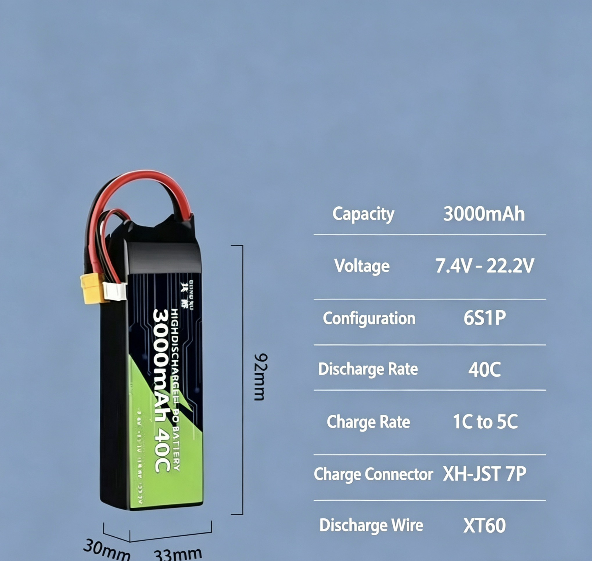 3000mAh 40C High Discharge Rate LiPo Battery with XT60 Plug, Power Lithium Battery for RC Crawler Racing Car, 2S-6S Multi-size Compatible  DC3