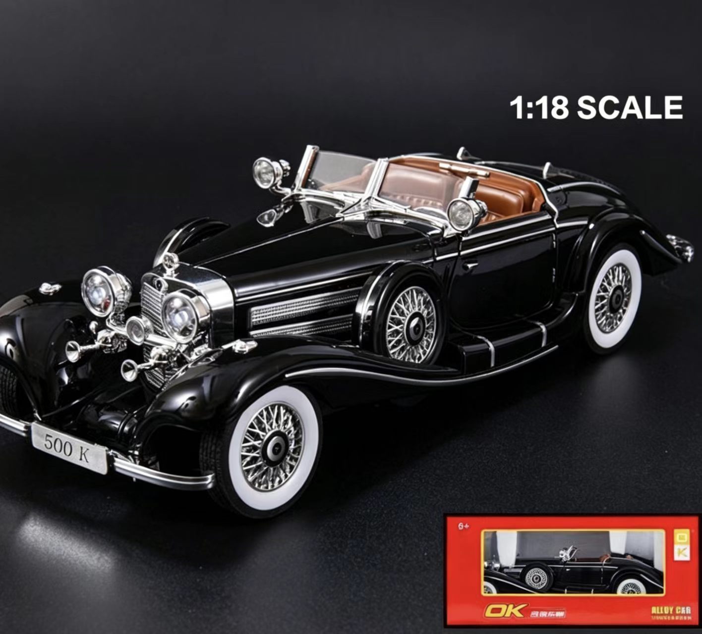 1:18 Mercedes-Benz 500K Classic Vintage Alloy Car Model, Simulation Light & Sound, Openable Doors, Collectible Display, Birthday Gift CM1