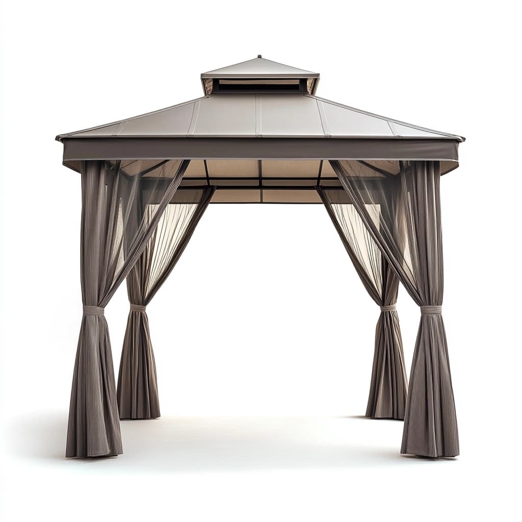 Cenador de jardín de aluminio con cortinas mosquiteras color café estructura resistente 3x2.8 m uso exterior multifuncional-Naivejoy