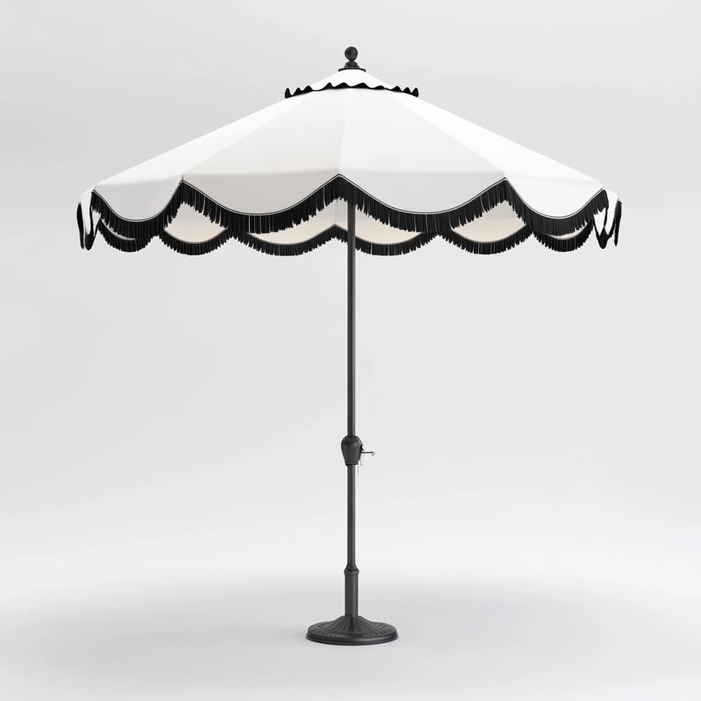 Sombrilla elegante blanca y negra, estructura metálica, altura ajustable, terraza y piscina-Naivejoy