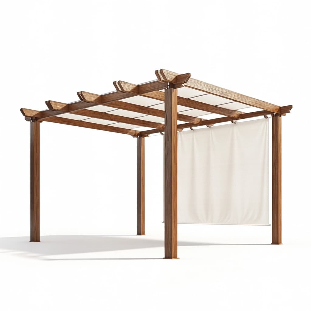 Pérgola de jardín madera natural con cortina blanca resistente al exterior 3x2.5 metros estructura estable para terraza patio-Naivejoy