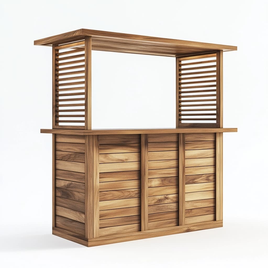 Mostrador de madera nogal para exteriores, madera maciza, 160x60x210 cm, barra con techo y rejillas-Naivejoy