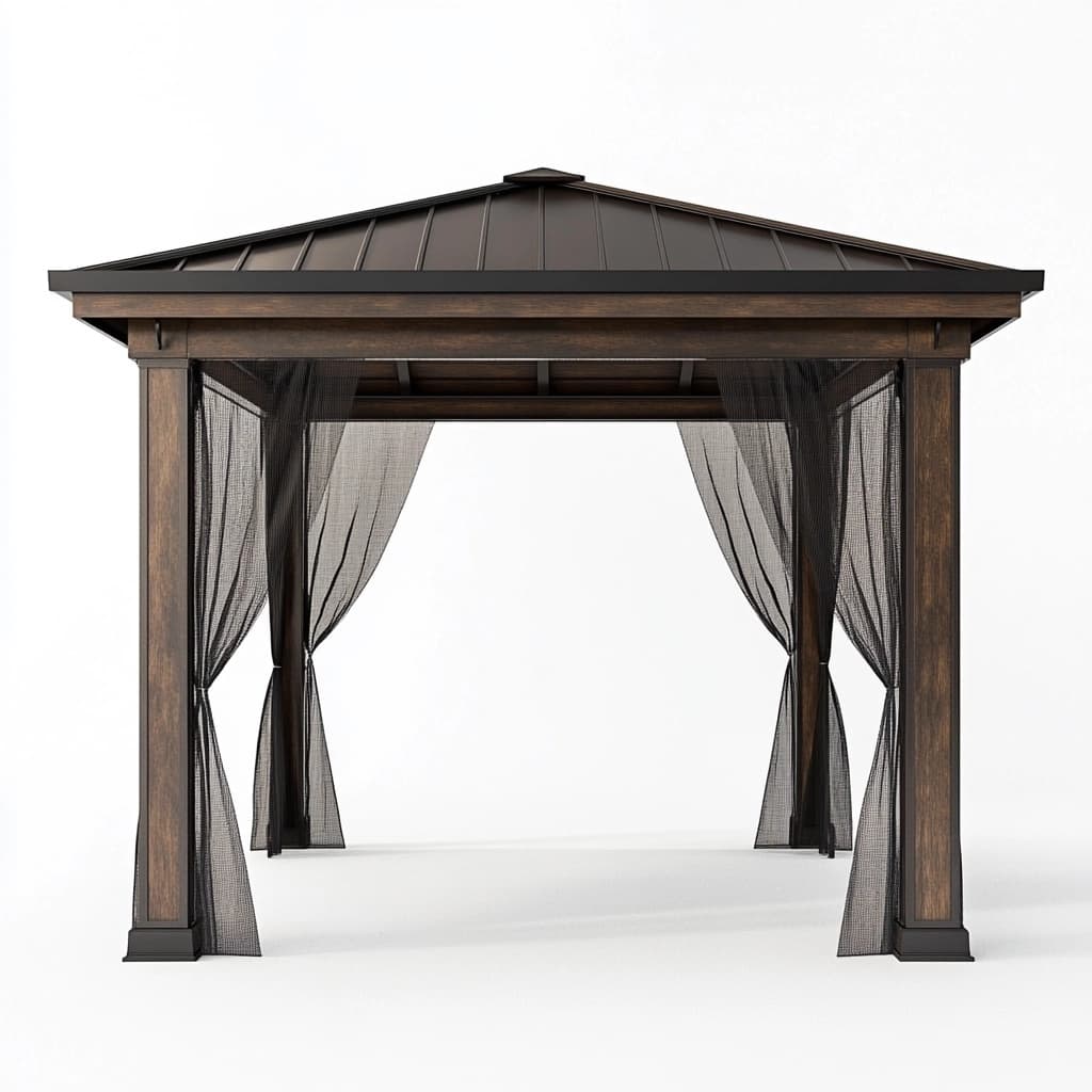 Pabellón de Jardín Exterior de Metal y Madera Oscura con Cortinas y Techo a Dos Aguas para Terraza 3.5x3.3m Refugio Multifuncional-Naivejoy