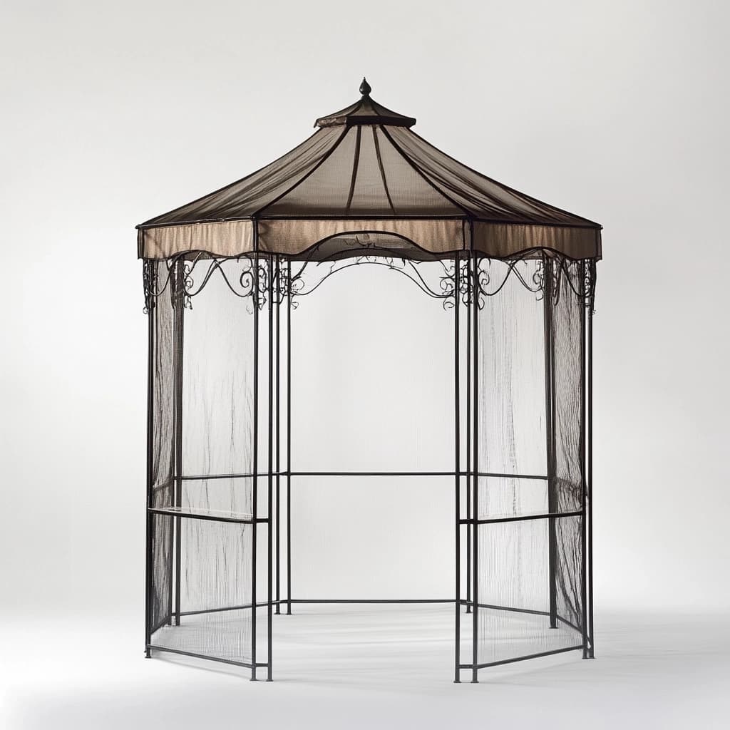 Pabellón de Jardín Hexagonal de Hierro y Tela para Terraza Exterior Marrón Estructura Metálica con Malla Mosquitera 300x250 cm Multifuncional Gazebo-Naivejoy