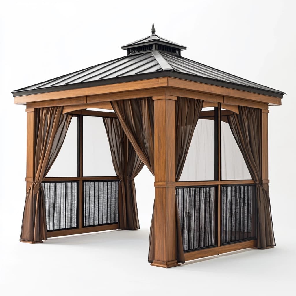 Pérgola aluminio y madera para jardín, 3.2x2.8 m, techo resistente, cortinas marrones, espacio exterior-Naivejoy