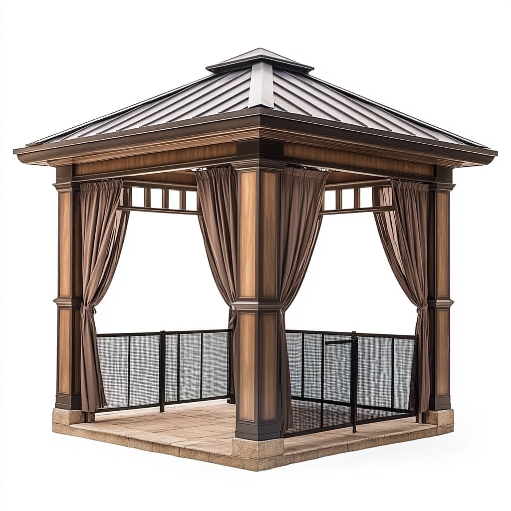 Pabellón de jardín con techo metálico marrón estructura de madera cortinas y barandilla para terraza exterior 3.5x3m ideal para reuniones y descanso-Naivejoy