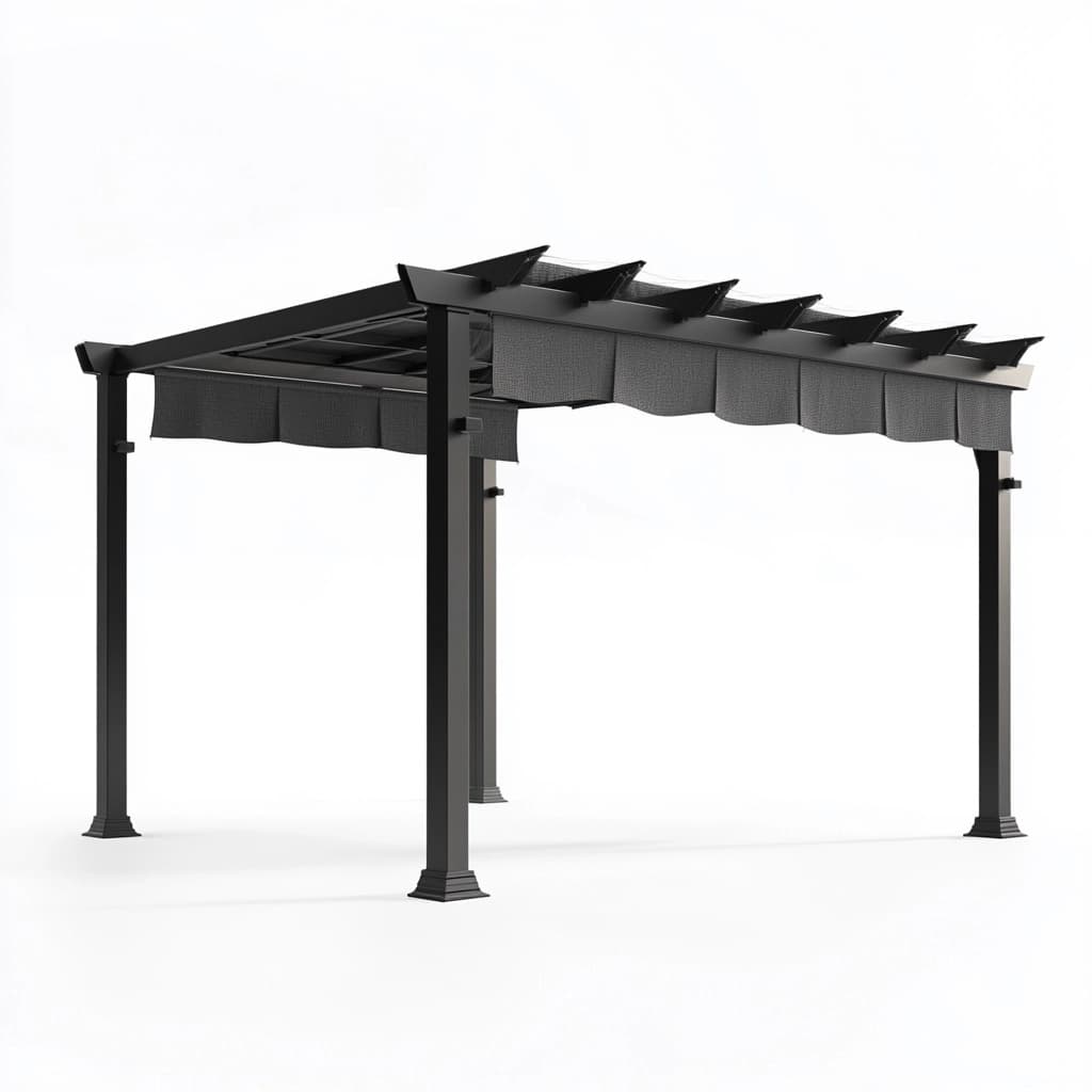 Pérgola de jardín moderna negra de aluminio con toldo ajustable para exterior 4x3 metros resistente al agua y protección solar-Naivejoy