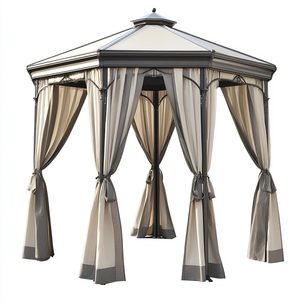 Cenador de exterior con cortinas gris y beige estructura de metal para jardín terraza 3.5x3m resistente al agua-Naivejoy