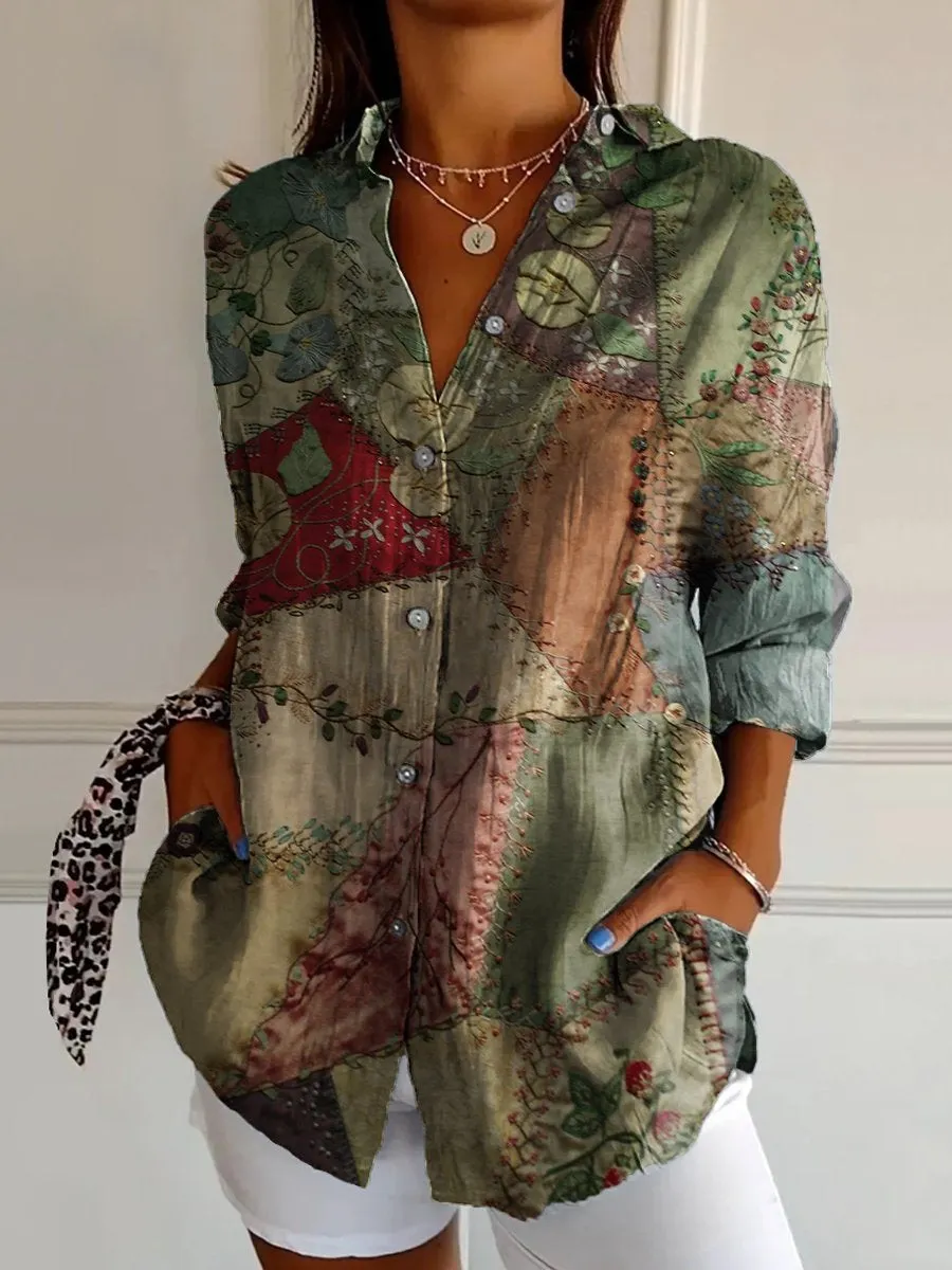 Women's Embroidered Floral Pattern Linen Blend Street Shirt