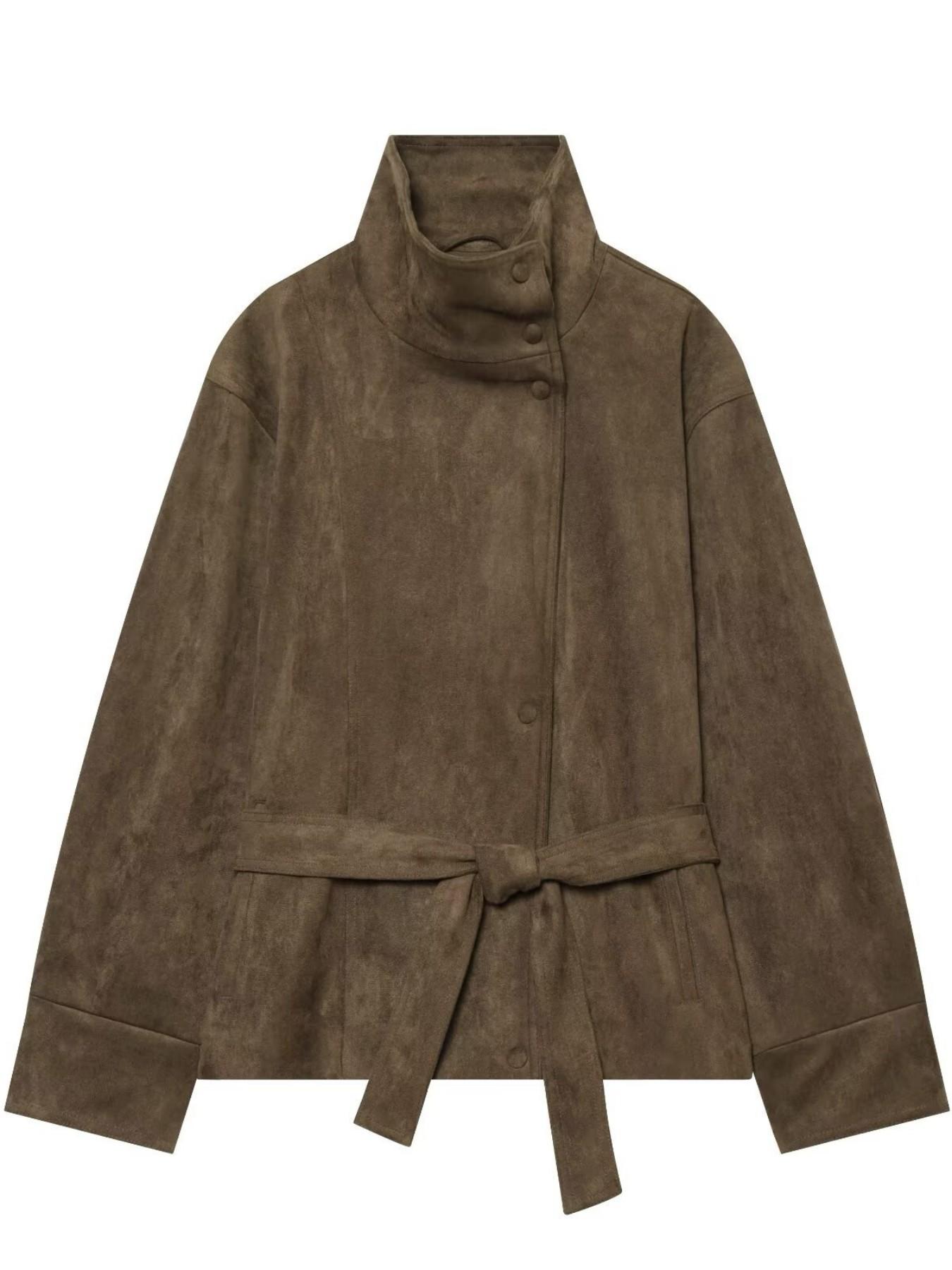 Women's Suedette Jacket Long Sleeve Stand Collar Belted Coat, Casual Fall Winter Outerwear, Loose-Fitting Minimalist Coats