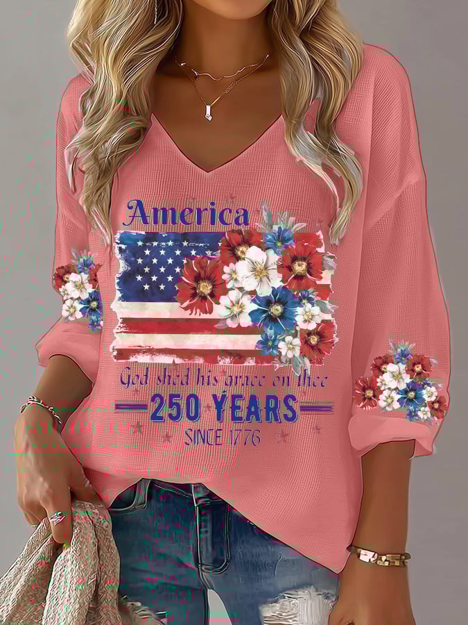 Women's 250th Anniversary National Flag Floral Print Waffle Long Sleeve T-Shirt