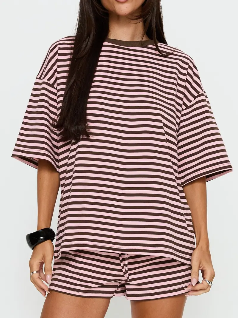 Women's Striped 2 Piece Outfit Women | Oversized T-Shirt + Drawstring Shorts | Soft Casual Lounge Set | Y2K Clean Girl Style for Daily Home Vacation Wear Shorts Matching Set