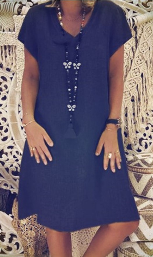 Womens V Neck Cotton Linen Dress Ladies Casual Baggy Plain Tunic Dress Plus Size