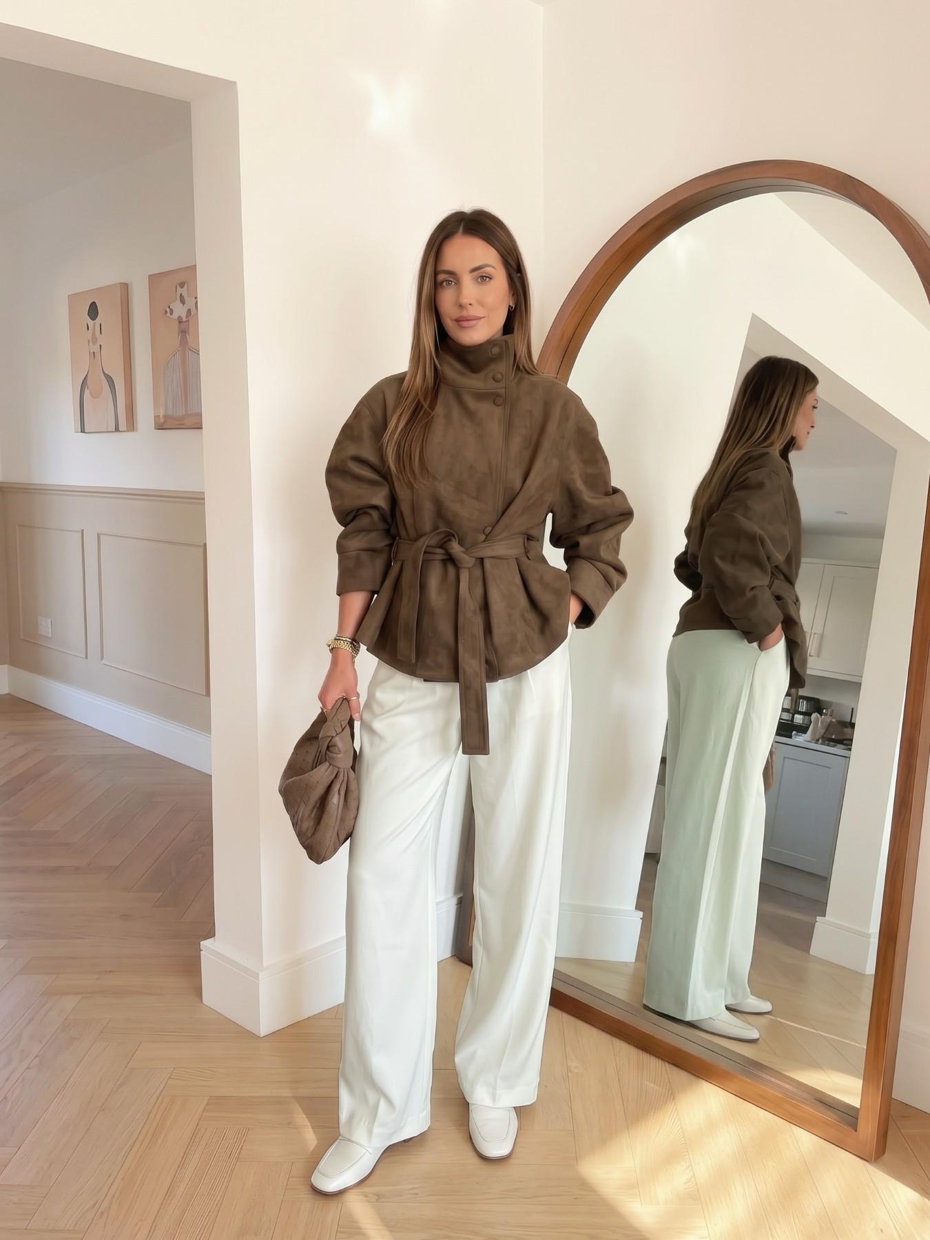 Women's Suedette Jacket Long Sleeve Stand Collar Belted Coat, Casual Fall Winter Outerwear, Loose-Fitting Minimalist Coats