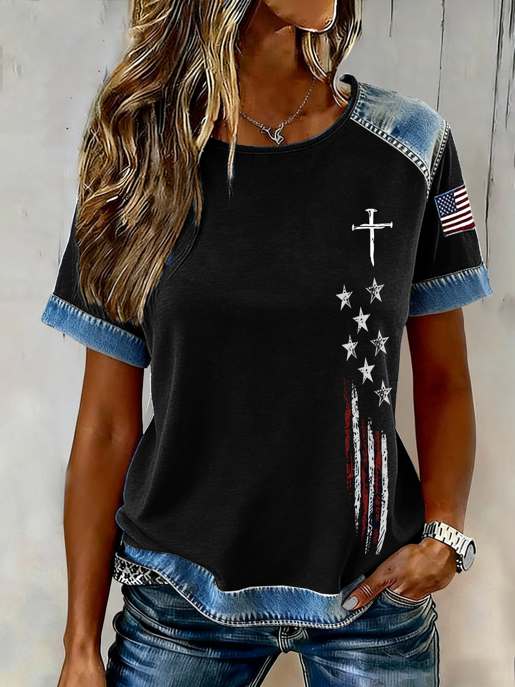 Women's casual retro flag-themed T-shirt