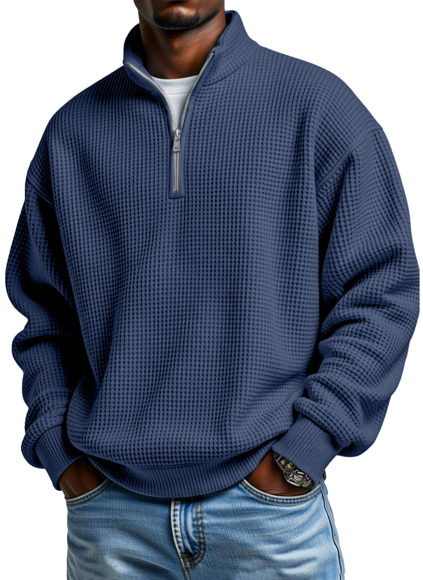 Men's Daily Loose And Simple Waffle Half-zip Stand Collar Long-sleeved Polo Shirt