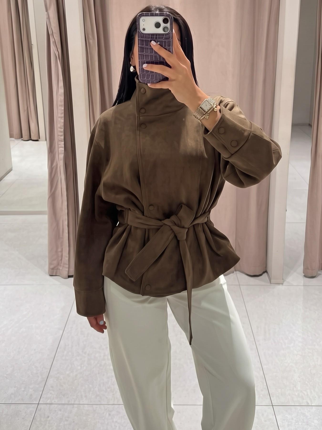 Women's Suedette Jacket Long Sleeve Stand Collar Belted Coat, Casual Fall Winter Outerwear, Loose-Fitting Minimalist Coats