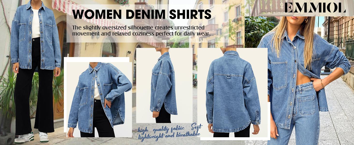 EMMIOL Women Oversized Denim Shirt Jacket Denim Shackets Long Sleeve Button Down Distressed Vintage Blue Jean Jacket Streetwear Summer Vibes Back to School Casual Basic SohoChic Womenswear