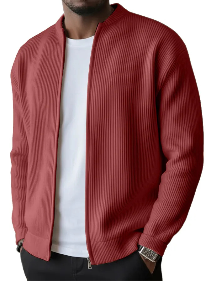 Men's Simple Casual Ribbed Stand Collar Zipper Long Sleeved Jacket