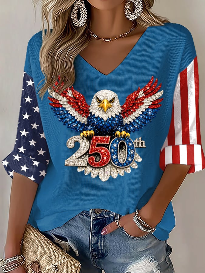Women's American 250th Anniversary Three-Quarter Sleeve V-Neck Top