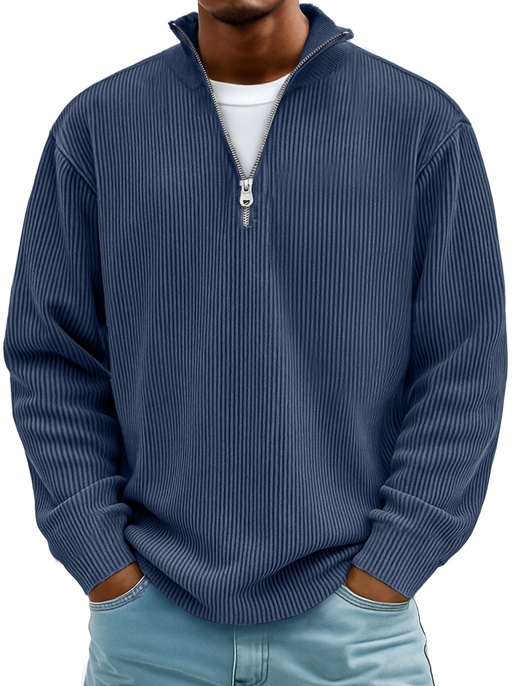 Men's Simple Casual Ribbed Stand Collar Zipper Long Sleeve T-shirt