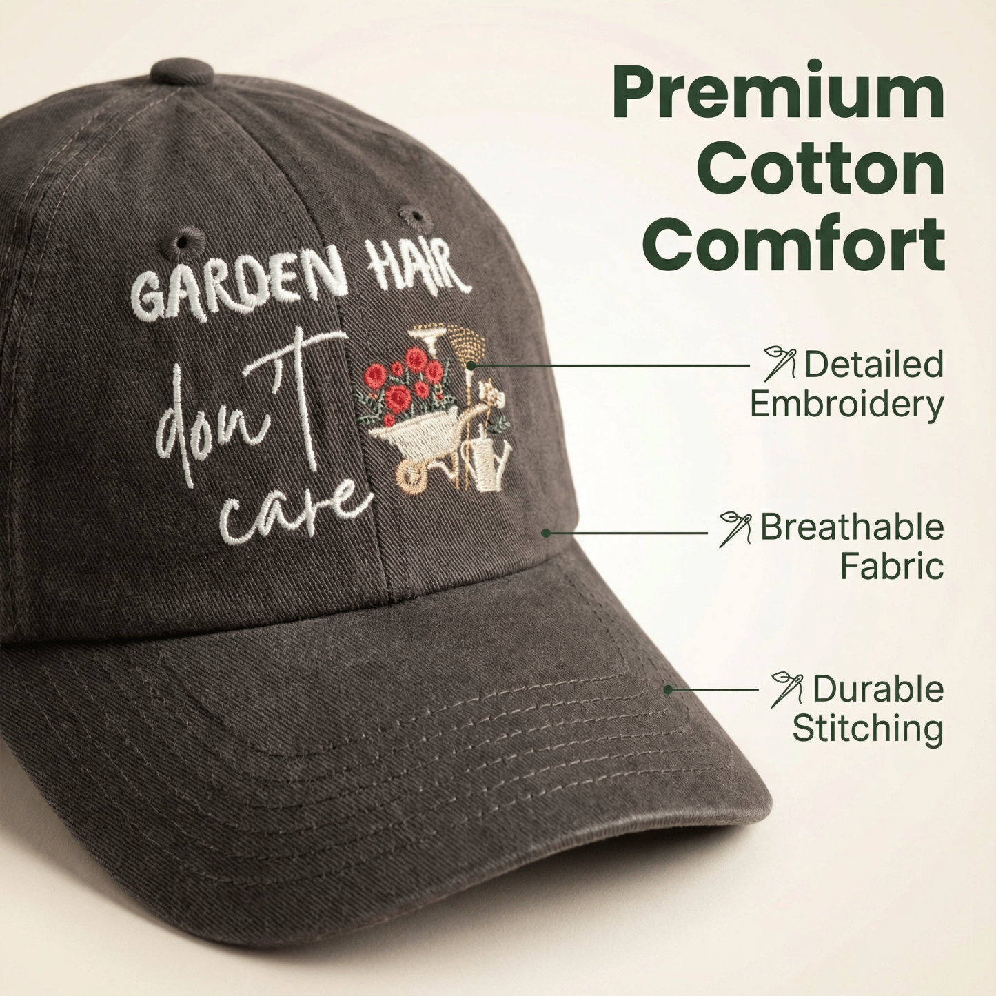 🔥New Arrivals Exclusive Sale🔥Garden Hair, Don't Care Embroidered Hat - Plant Lover's Cap, Nature-Inspired Baseball Hat