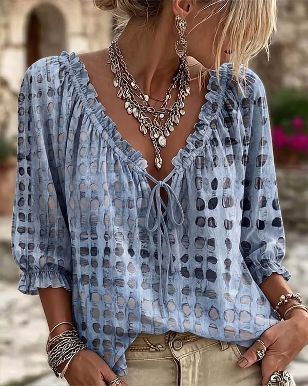 Bohemian style V-neck faux linen shirt, women's summer new printed ribbon loose casual top