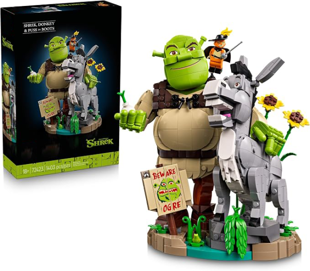 LEPIN Shrek: Shrek, Donkey & Puss in Boots | Collectible Building Set for Adults, Ages 18+, Movie Display for Bedroom or Book Shelf, 1,403 pieces, Gift for Men & Women