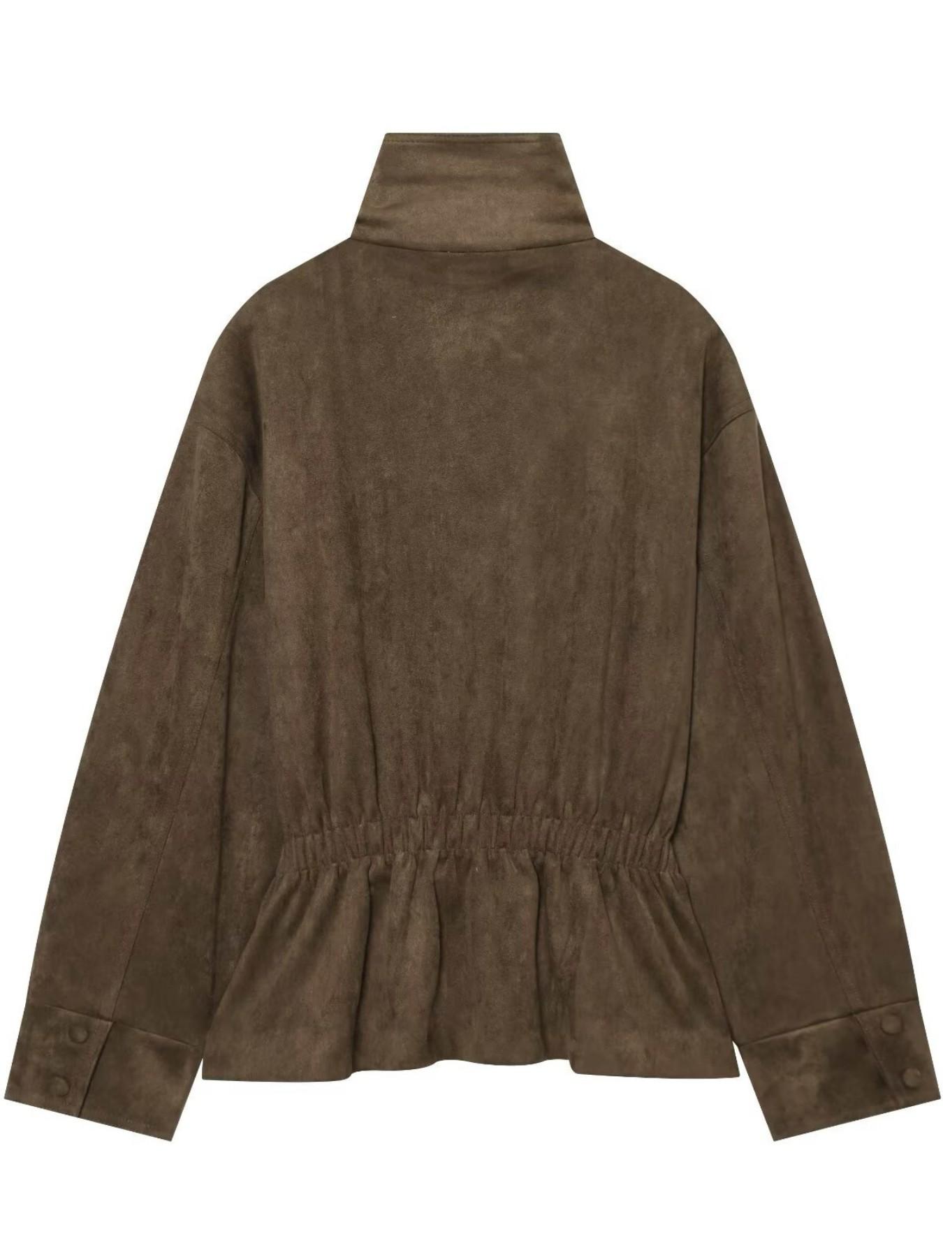 Women's Suedette Jacket Long Sleeve Stand Collar Belted Coat, Casual Fall Winter Outerwear, Loose-Fitting Minimalist Coats