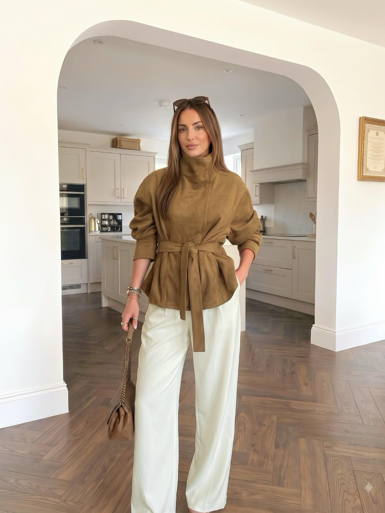 Women's Suedette Jacket Long Sleeve Stand Collar Belted Coat, Casual Fall Winter Outerwear, Loose-Fitting Minimalist Coats