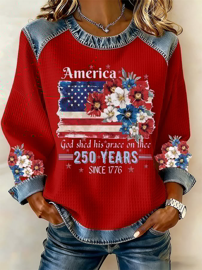 Women's 250th Anniversary National Flag Floral Print Waffle Sweatshirt