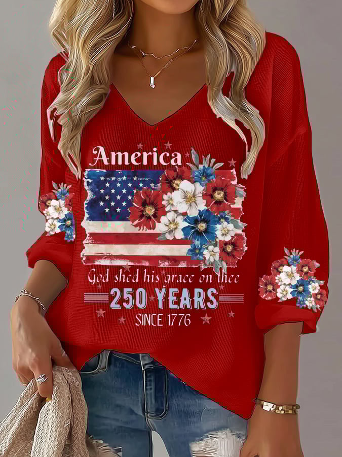 Women's 250th Anniversary National Flag Floral Print Waffle Long Sleeve T-Shirt