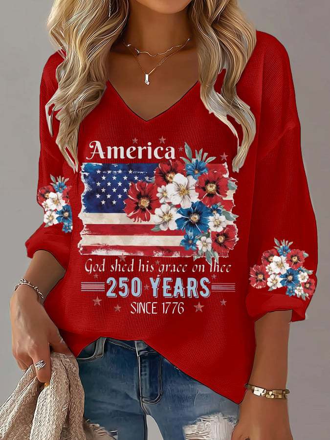 Women's 250th Anniversary National Flag Floral Print Waffle Long Sleeve T-Shirt