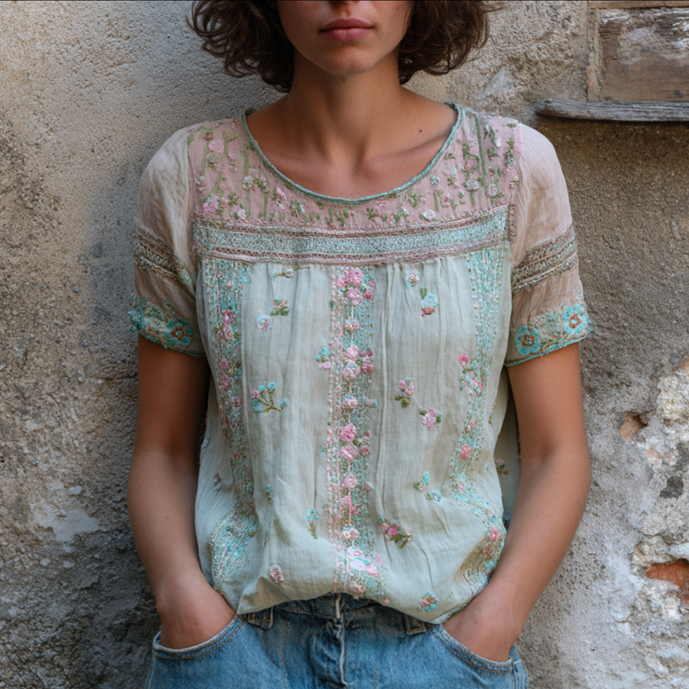 Women's Pink Floral And Lace Art Embroidery Mint Green Cotton Linen Short Sleeve Round Neck Top
