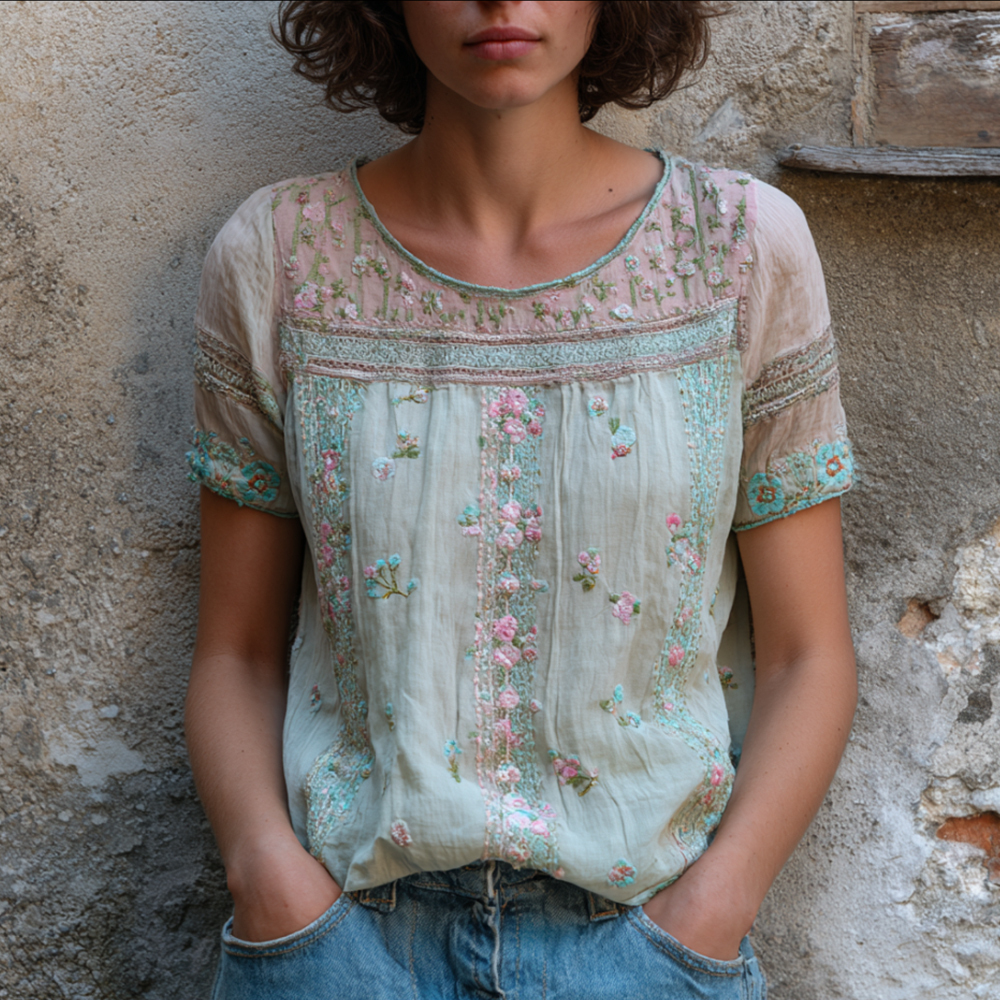 Women's Pink Floral And Lace Art Embroidery Mint Green Cotton Linen Short Sleeve Round Neck Top