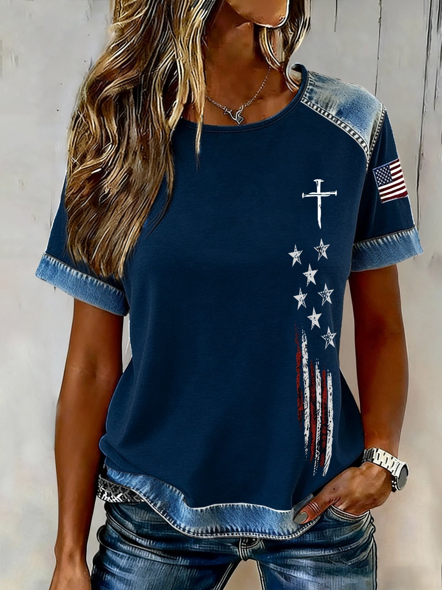Women's casual retro flag-themed T-shirt