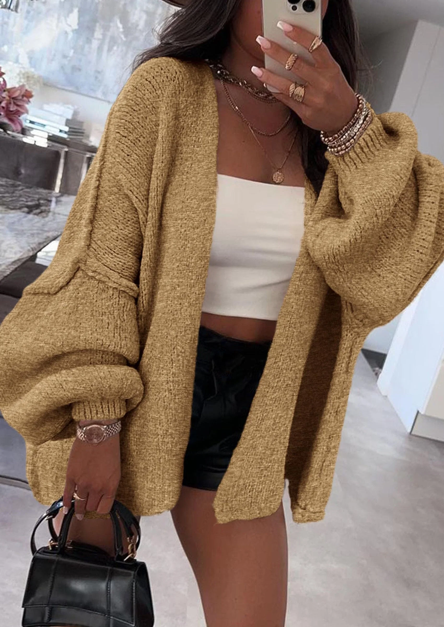 KARTGOUE Womens Oversized Cardigan Sweaters Fall Long Lantern Sleeve Knit Open Front Lightweight Sweater