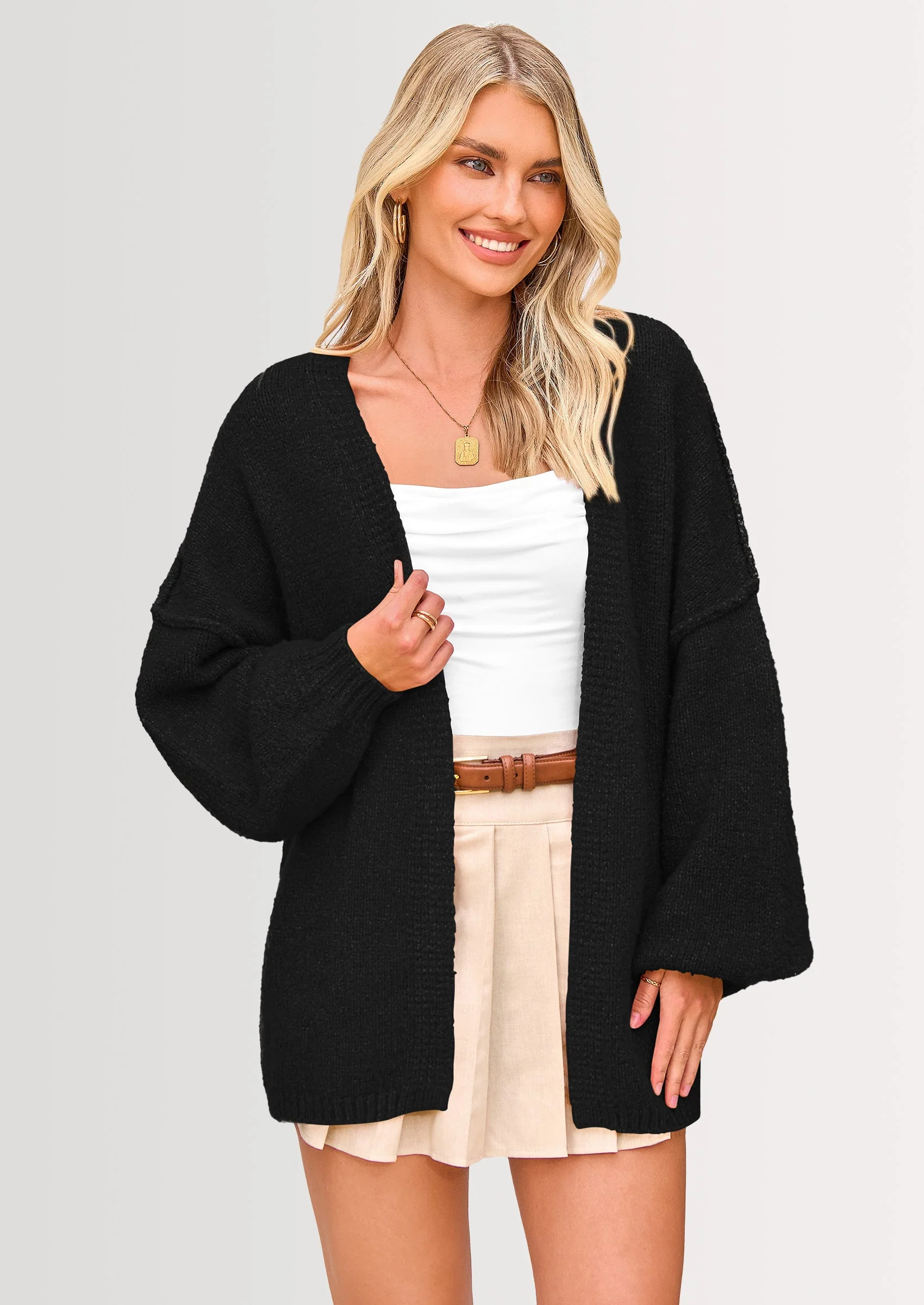 KARTGOUE Womens Oversized Cardigan Sweaters Fall Long Lantern Sleeve Knit Open Front Lightweight Sweater