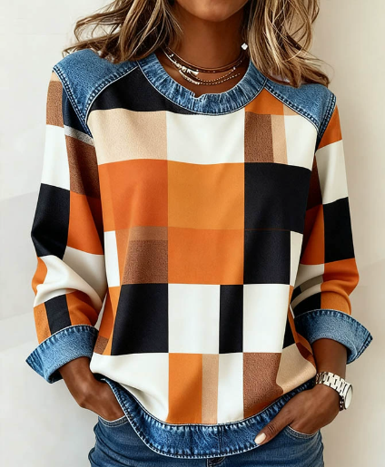 Women's Casual Round Neck Denim Patchwork Pullover Sweatshirt
