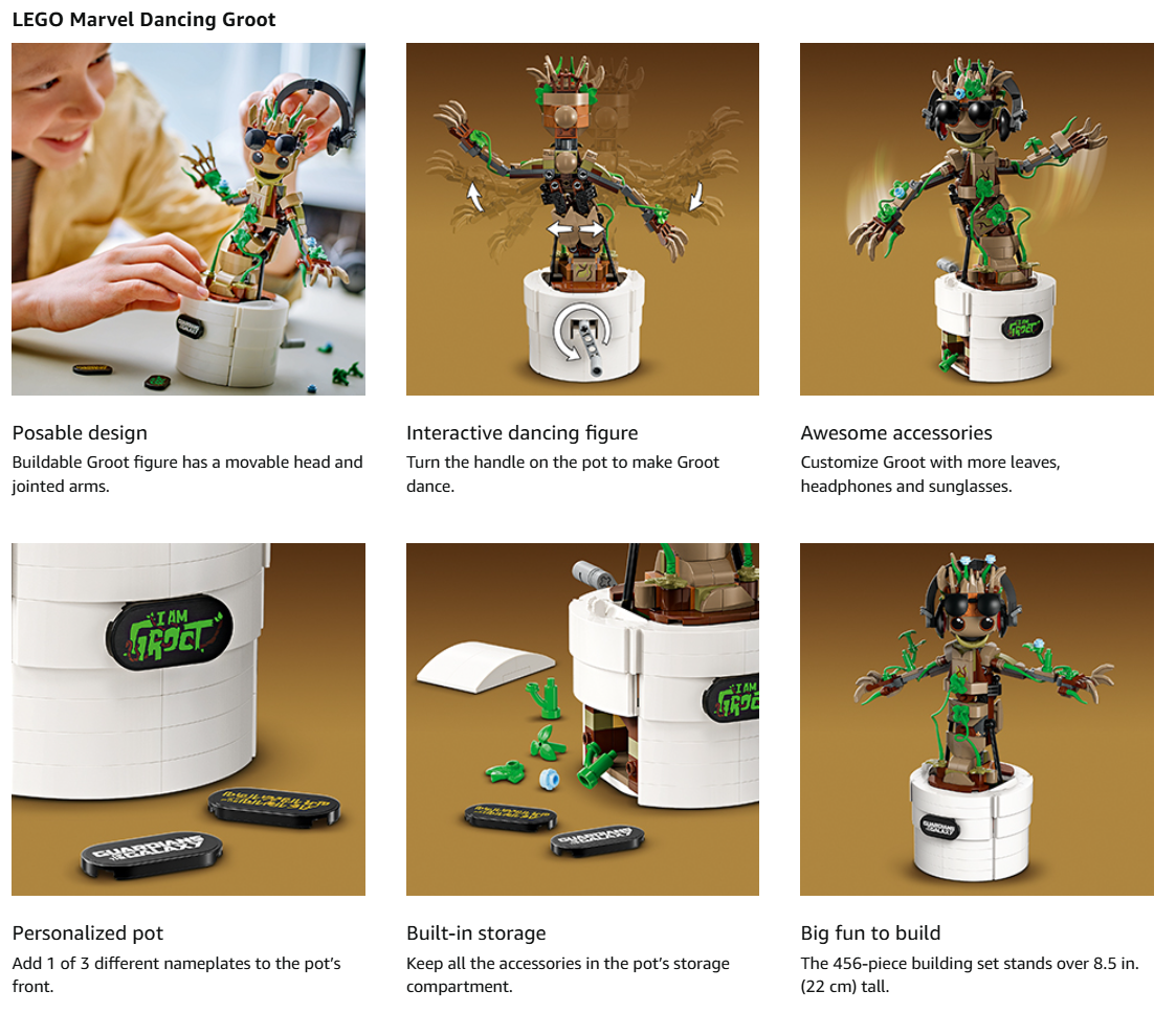 LEPIN Marvel Dancing Groot, Guardians of the Galaxy Toy, Buildable Birthday Gift, Marvel Toy, Super Hero Hand-Operated Interactive Playset, Marvel Gift for Kids, Animated Groot Figure