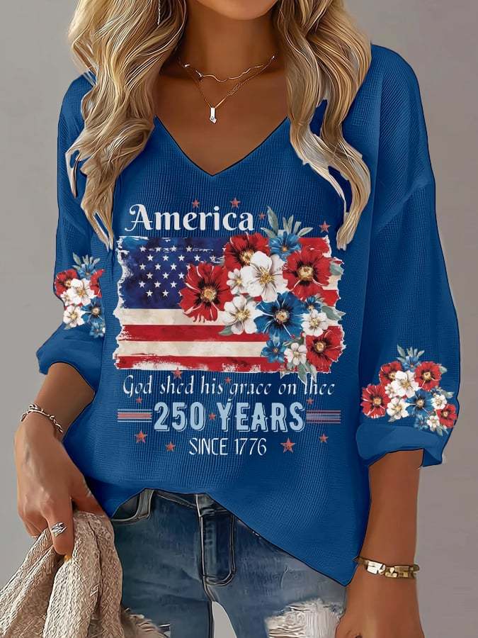 Women's 250th Anniversary National Flag Floral Print Waffle Long Sleeve T-Shirt
