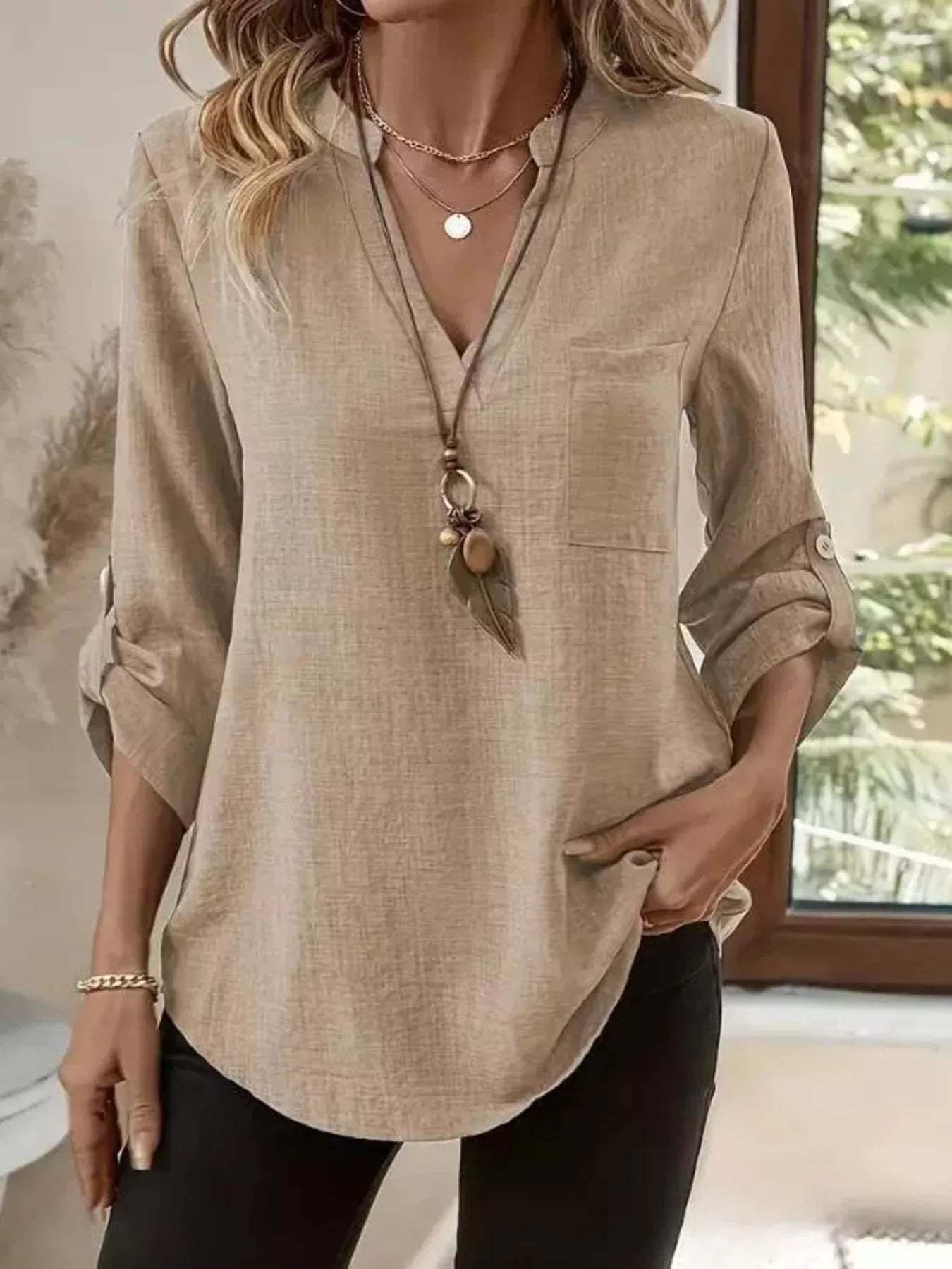Roll-Up Sleeve Notched Blouse