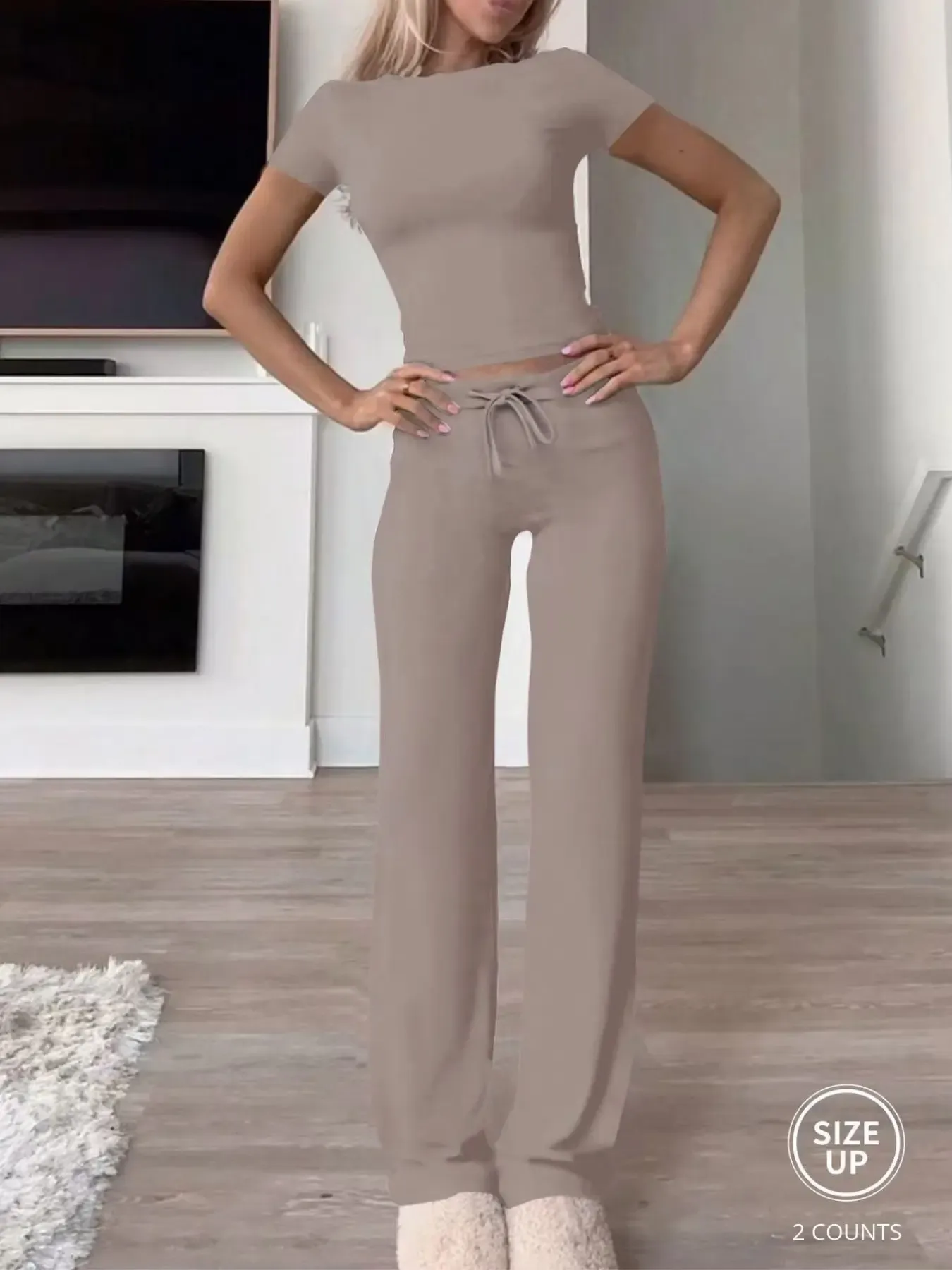 Women's Plain Crop Tee & Drawstring Pants Lounge Set