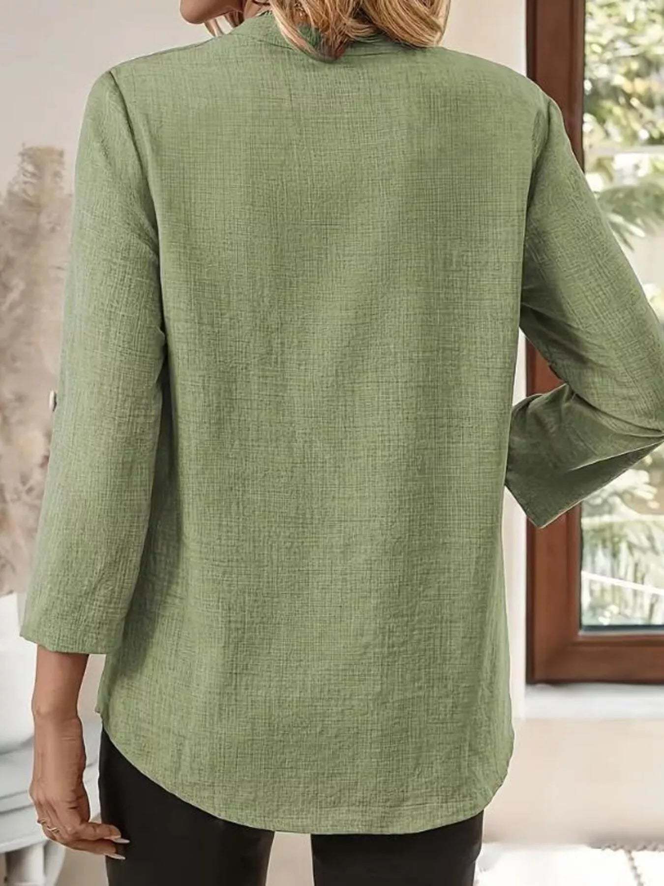 Roll-Up Sleeve Notched Blouse