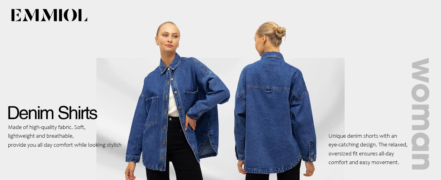 EMMIOL Women Oversized Denim Shirt Jacket Denim Shackets Long Sleeve Button Down Distressed Vintage Blue Jean Jacket Streetwear Summer Vibes Back to School Casual Basic SohoChic Womenswear