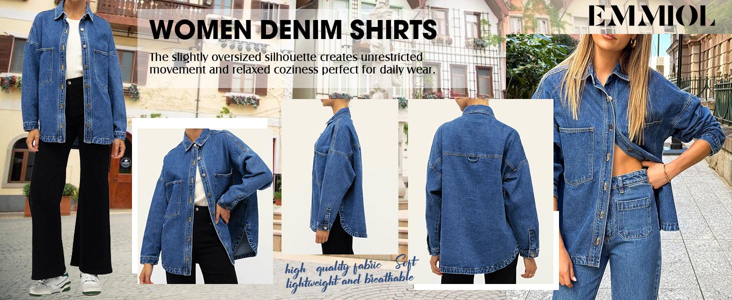 EMMIOL Women Oversized Denim Shirt Jacket Denim Shackets Long Sleeve Button Down Distressed Vintage Blue Jean Jacket Streetwear Summer Vibes Back to School Casual Basic SohoChic Womenswear