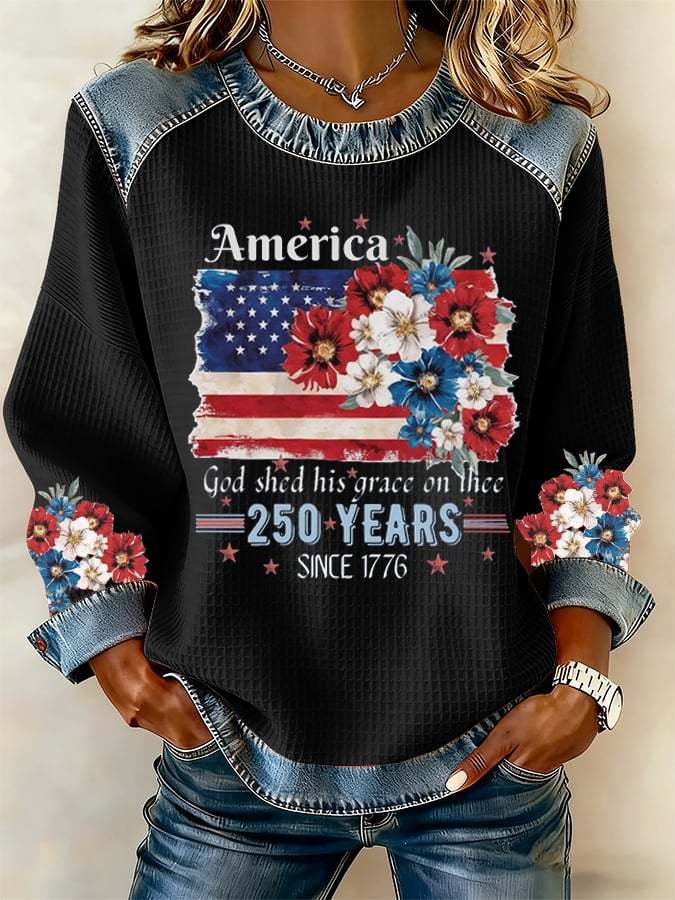 Women's 250th Anniversary National Flag Floral Print Waffle Sweatshirt