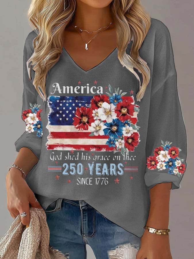 Women's 250th Anniversary National Flag Floral Print Waffle Long Sleeve T-Shirt