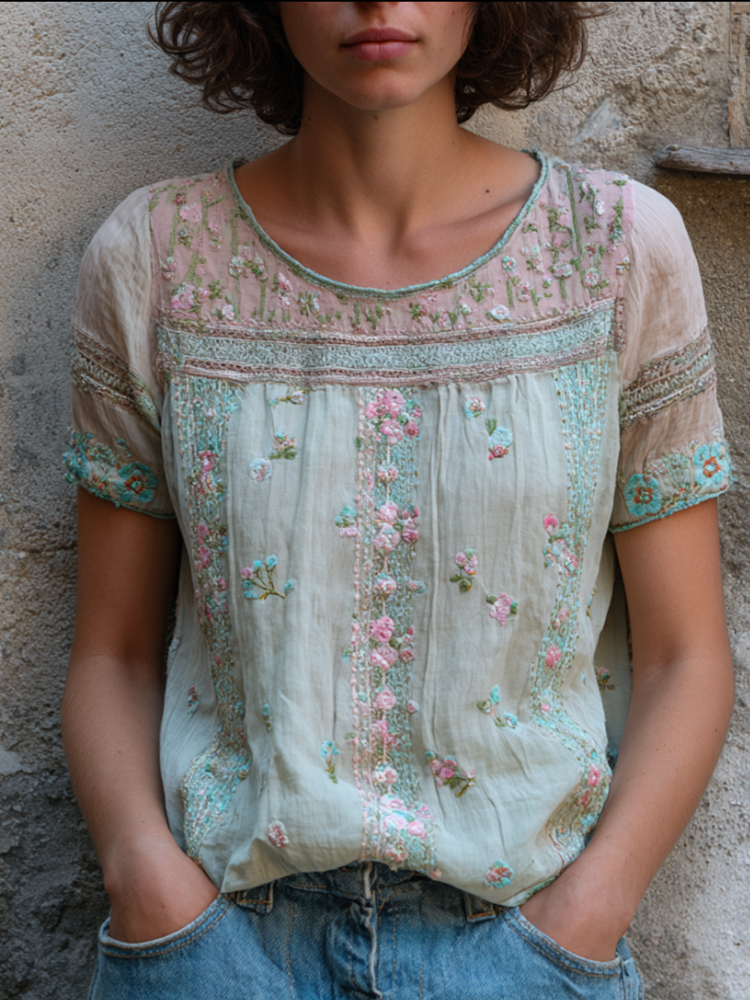 Women's Pink Floral And Lace Art Embroidery Mint Green Cotton Linen Short Sleeve Round Neck Top