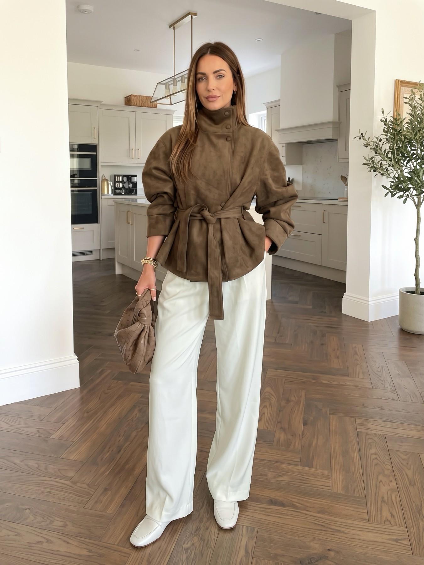 Women's Suedette Jacket Long Sleeve Stand Collar Belted Coat, Casual Fall Winter Outerwear, Loose-Fitting Minimalist Coats